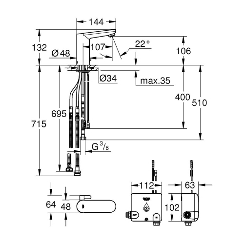 Immagine di Grohe EUROSMART COSMOPOLITAN E miscelatore elettronico H.13 cm per lavabo, senza scarico, con comando ad infrarossi e limitatore di temperatura regolabile, con Powerbox, finitura cromo 36386001