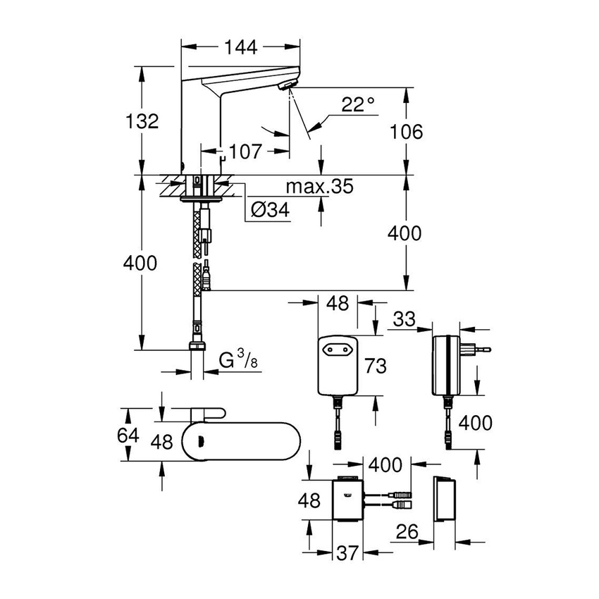 Immagine di Grohe EUROSMART COSMOPOLITAN E miscelatore elettronico H.13 cm per lavabo, con comando ad infrarossi, finitura cromo 36413000
