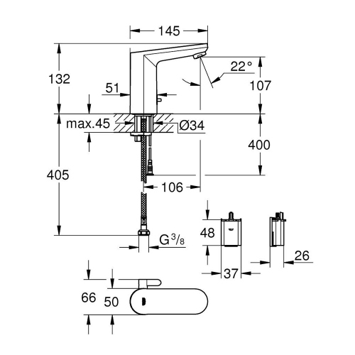 Immagine di Grohe EUROSMART COSMOPOLITAN E miscelatore elettronico H.13 cm per lavabo, senza scarico, con comando ad infrarossi e limitatore di temperatura regolabile, finitura cromo 36327002