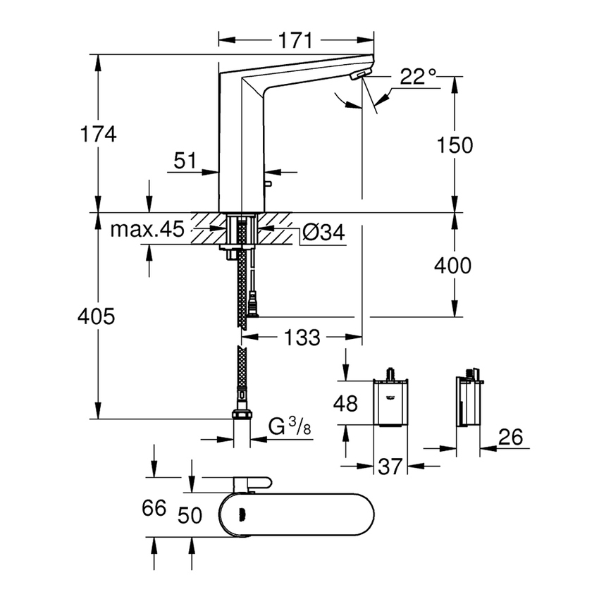 Immagine di Grohe EUROSMART COSMOPOLITAN E miscelatore elettronico H.17 cm per lavabo, senza scarico, con comando ad infrarossi e limitatore di temperatura regolabile, finitura cromo 36422001