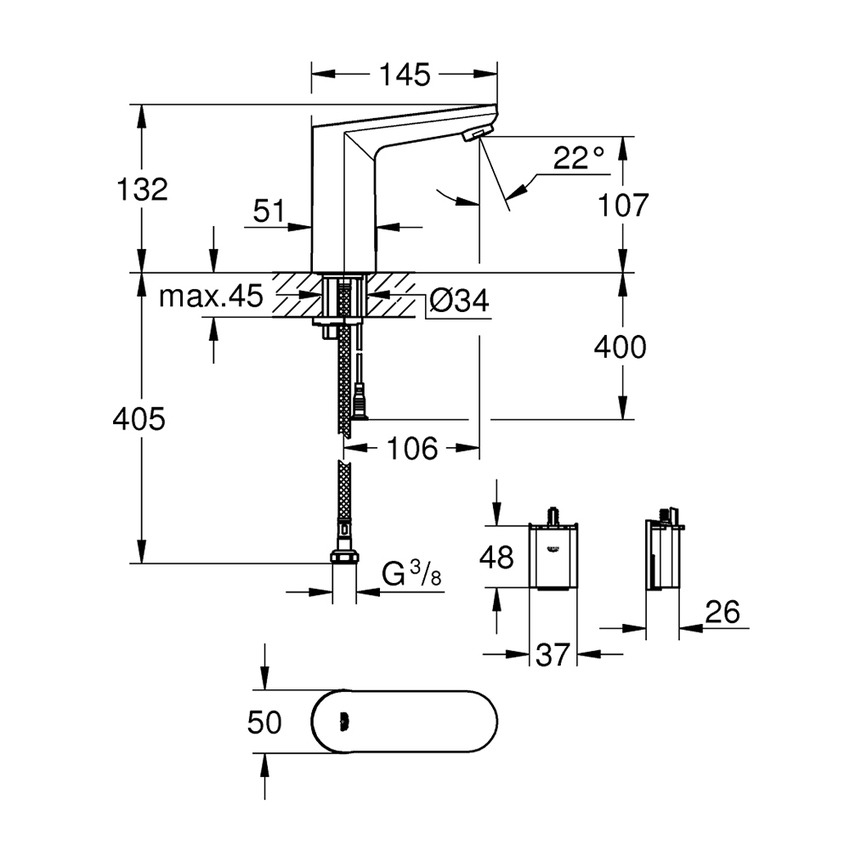 Immagine di Grohe EUROSMART COSMOPOLITAN E miscelatore elettronico H.13 cm per lavabo, senza scarico, con comando ad infrarossi, limitatore di temperatura regolabile e dispositivo di miscelazione nascosto, finitura cromo 36330002