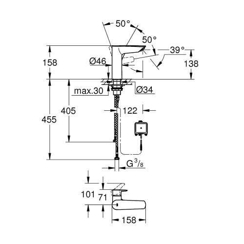 Immagine di Grohe EUROSMART miscelatore monocomando H.16 cm per lavabo, senza scarico, azionamento touchless o manuale, finitura cromo 23975003