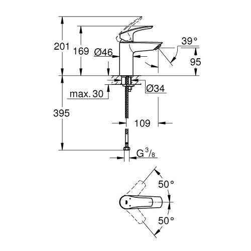 Immagine di Grohe EUROSMART miscelatore monocomando H.17 cm per lavabo, senza scarico, finitura cromo 32467003