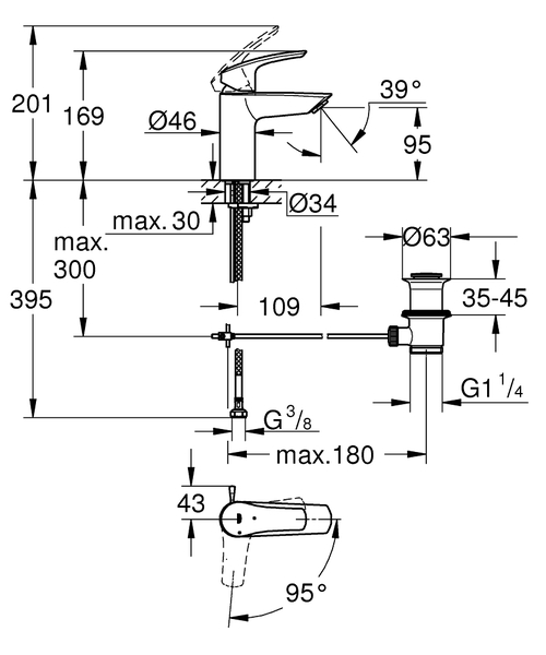 Immagine di Grohe EUROSMART miscelatore monocomando H.17 cm per lavabo, con scarico, finitura cromo 32926003