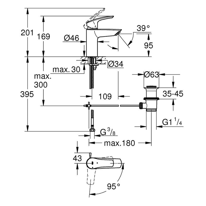 Immagine di Grohe EUROSMART miscelatore monocomando H.17 cm per lavabo, con scarico, finitura cromo 32926003