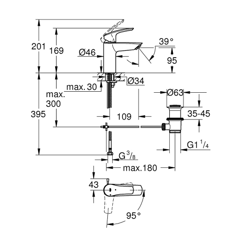 Immagine di Grohe EUROSMART miscelatore monocomando H.17 cm per lavabo, senza scarico, con piletta clic clac, finitura cromo 23924003