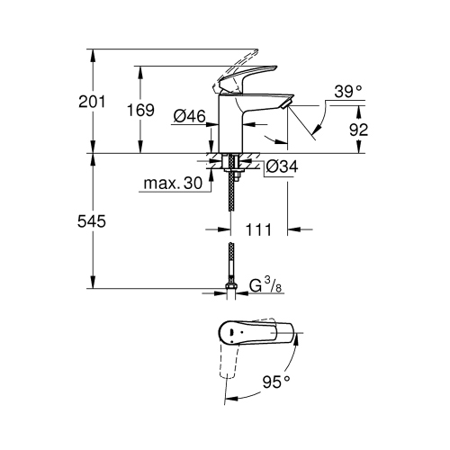 Immagine di Grohe EUROSMART miscelatore monocomando H.17 cm per lavabo, senza scarico, con risparmio energetico, finitura cromo 23974003