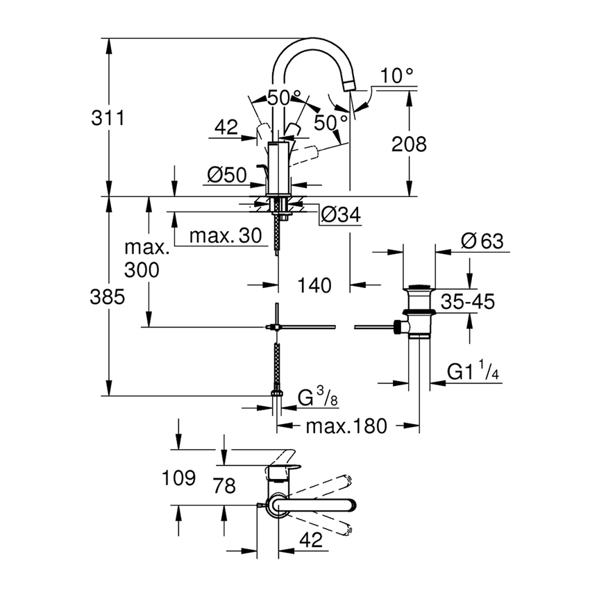 Immagine di Grohe EUROSMART miscelatore monocomando H.31 cm per lavabo, con scarico, finitura cromo 23537003