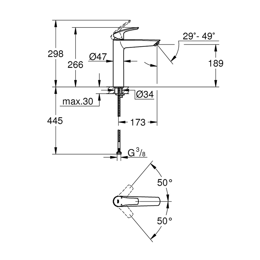 Immagine di Grohe EUROSMART miscelatore monocomando H.27 cm per lavabo, senza scarico, finitura cromo 23971003