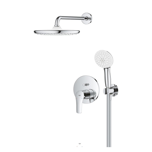 Immagine di Grohe EUROSMART set doccia con Tempesta 250 composto da miscelatore monocomando con deviatore, corpo incasso, soffione Ø 25 cm, braccio a parete, manopola Tempesta, raccordo erogatore e flessibile 150 cm, finitura cromo 25288000