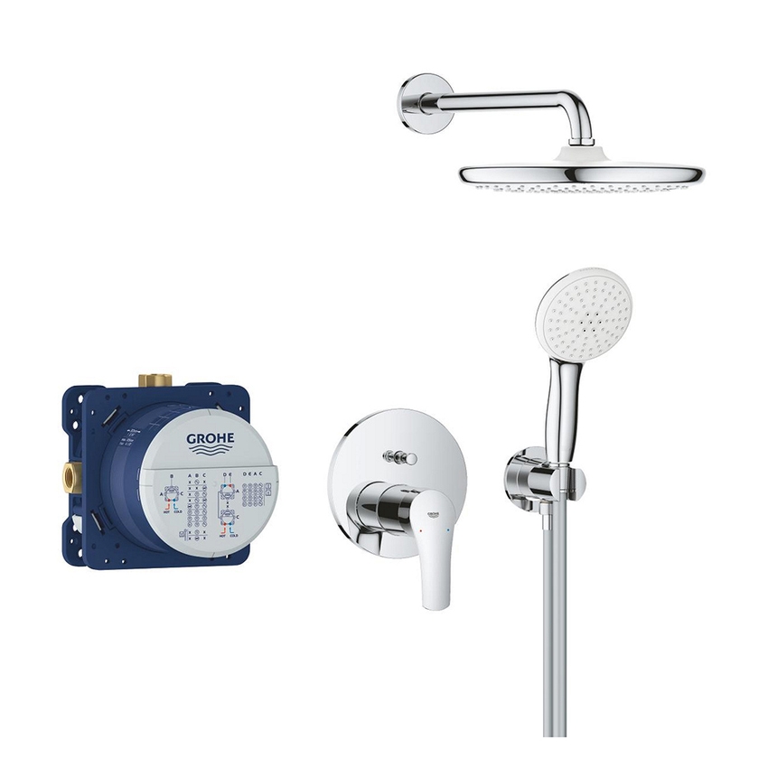 Immagine di Grohe EUROSMART set doccia con Tempesta 250 composto da miscelatore monocomando con deviatore, corpo incasso, soffione Ø 25 cm, braccio a parete, manopola Tempesta, raccordo erogatore e flessibile 150 cm, finitura cromo 25288000