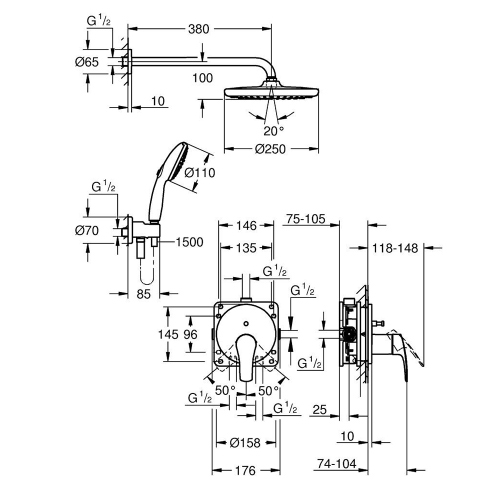Immagine di Grohe EUROSMART set doccia con Tempesta 250 composto da miscelatore monocomando con deviatore, corpo incasso, soffione Ø 25 cm, braccio a parete, manopola Tempesta, raccordo erogatore e flessibile 150 cm, finitura cromo 25288000