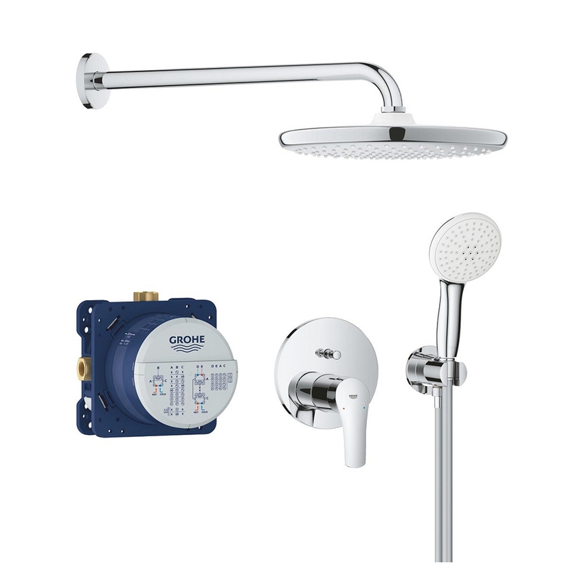 Immagine di Grohe EUROSMART set doccia con Tempesta 250 composto da miscelatore monocomando con deviatore, corpo incasso, soffione Ø 25 cm, braccio a parete, manopola Tempesta, raccordo erogatore e flessibile 150 cm, finitura cromo 25288000