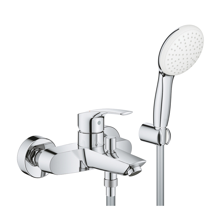 Immagine di Grohe EUROSMART miscelatore monocomando per vasca o doccia, con deviatore automatico, attacco del flessibile, manopola doccia, Grohe SmartSwitch selettore per impostare il getto, supporto per manopola e flessibile 150 cm, finitura cromo 25276003