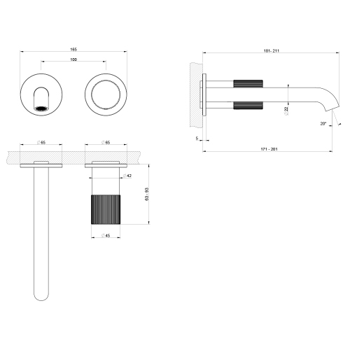 Immagine di Gessi HABITO RIGATO miscelatore P.21 cm per lavabo, incasso a parete, senza corpo incasso, finitura cromo 70588#031