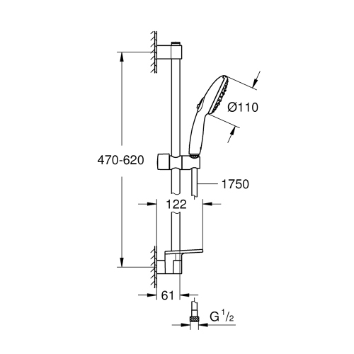 Immagine di Grohe TEMPESTA 110 set doccia con asta doccia H.60 cm, monopola Tempesta 110 28419003 3 getti, flessibile 175 cm e mensola, con risparmio idrico, finitura cromo 27600003