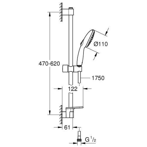 Immagine di Grohe TEMPESTA 110 set doccia con asta doccia H.60 cm, monopola Tempesta 110 26161003 2 getti, flessibile 175 cm e mensola, con risparmio idrico e selettore per impostare il getto preferito, finitura cromo 26638003