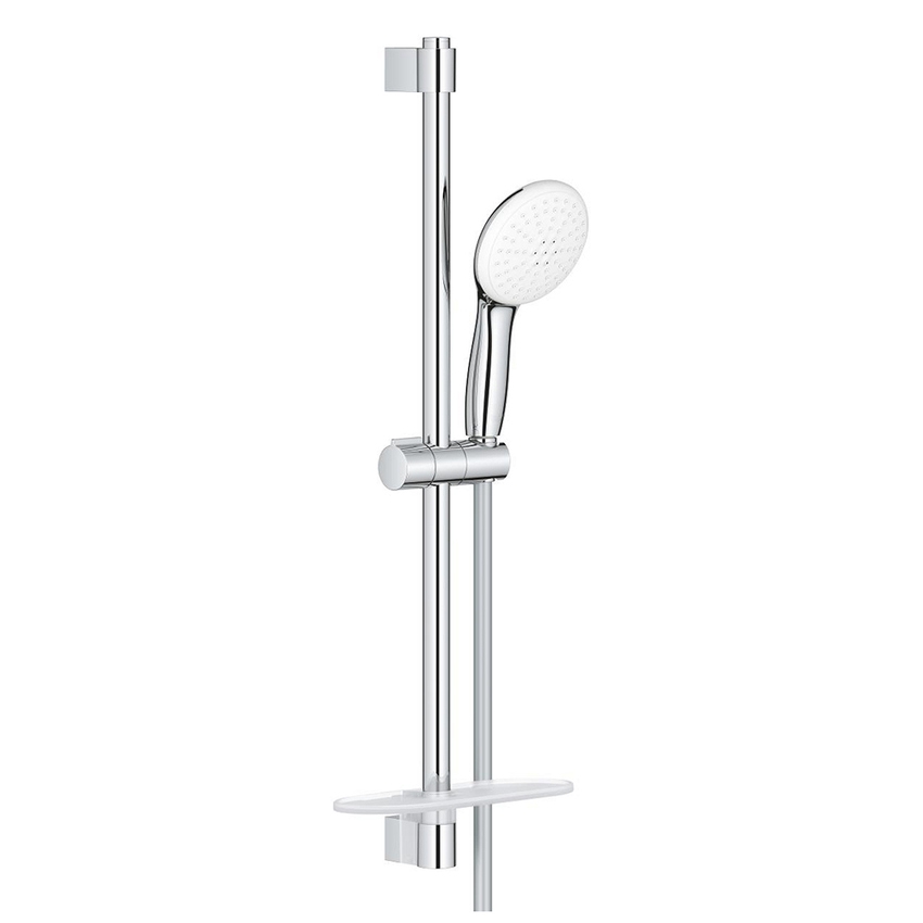 Immagine di Grohe TEMPESTA 110 set doccia con asta doccia H.60 cm, monopola Tempesta 110 26161003 2 getti, flessibile 175 cm e mensola, con risparmio idrico e selettore per impostare il getto preferito, finitura cromo 26638003