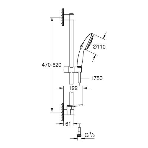 Immagine di Grohe TEMPESTA 110 set doccia con asta doccia H.60 cm, monopola Tempesta 110 27597003 2 getti, flessibile 175 cm e mensola, con sistema antiscottatura, finitura cromo 27926003