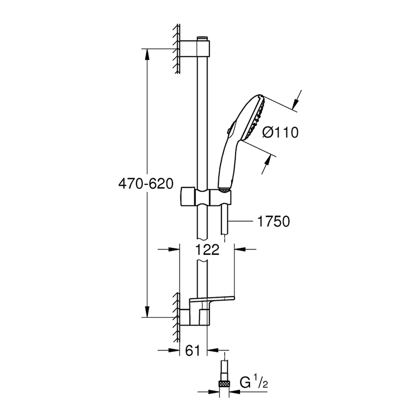 Immagine di Grohe TEMPESTA 110 set doccia con asta doccia H.60 cm, monopola Tempesta 110 27597003 2 getti, flessibile 175 cm e mensola, con sistema antiscottatura, finitura cromo 27926003