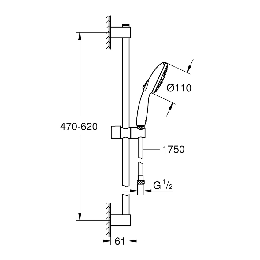Immagine di Grohe TEMPESTA 110 set doccia con asta doccia H.60 cm, monopola Tempesta 110 28261003 3 getti e flessibile 175 cm, con risparmio idrico e selettore per impostare il getto preferito, fissaggio superiore regolabile in altezza, finitura cromo 27794003