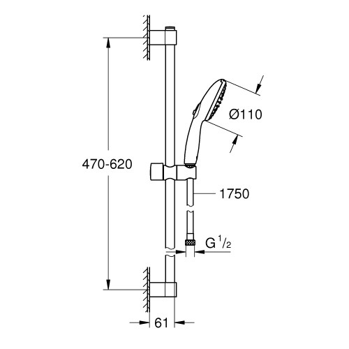 Immagine di Grohe TEMPESTA 110 set doccia con asta doccia H.60 cm, monopola Tempesta 110 26161003 2 getti e flessibile 175 cm, con risparmio idrico e fissaggio superiore regolabile in altezza, finitura cromo 26162003