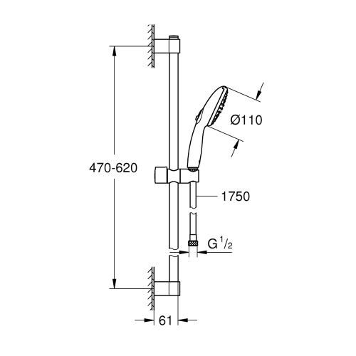 Immagine di Grohe TEMPESTA 110 set doccia con asta doccia H.60 cm, monopola Tempesta 110 27597003 2 getti e flessibile 175 cm, con sistema antiscottatura e fissaggio superiore regolabile in altezza, finitura cromo 27598003