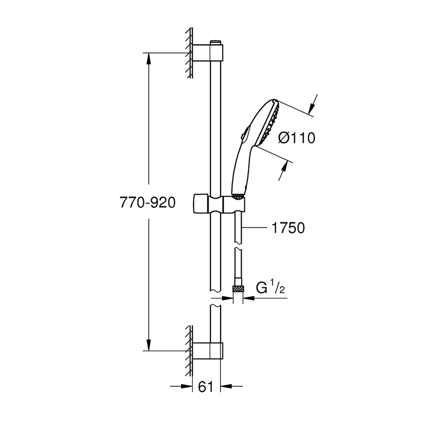 Immagine di Grohe TEMPESTA 110 set doccia con asta doccia H.90 cm, monopola Tempesta 110 28261003 3 getti, flessibile 175 cm, con sistema antiscottatura e selettore per impostare il getto preferito, finitura cromo 27796003