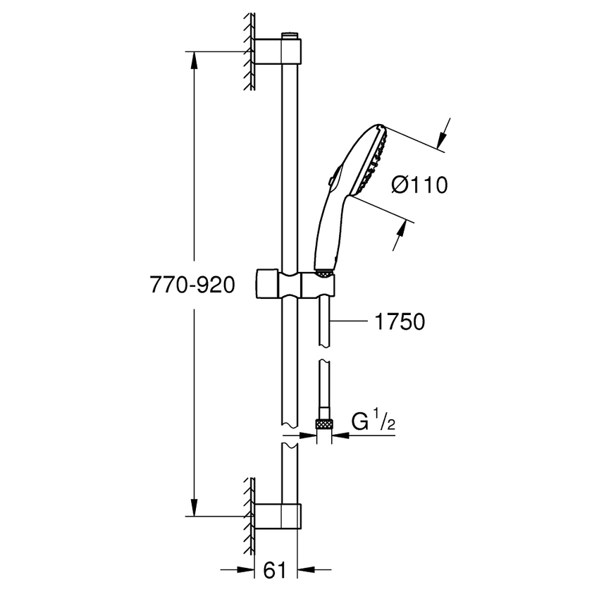 Immagine di Grohe TEMPESTA 110 set doccia con asta doccia H.90 cm, monopola Tempesta 110 26161003 2 getti e flessibile 175 cm, con risparmio idrico e selettore per impostare il getto, finitura cromo 26163003
