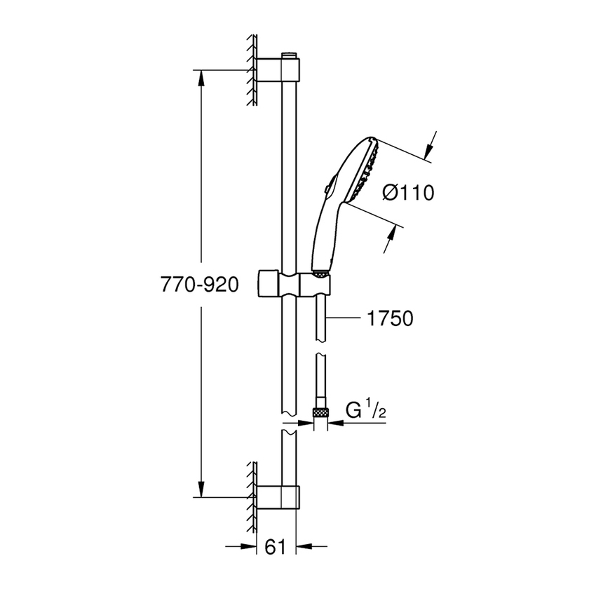 Immagine di Grohe TEMPESTA 110 set doccia con asta doccia H.90 cm, monopola Tempesta 110 27597003 2 getti e flessibile 175 cm, con fissaggio superiore regolabile, finitura cromo 27646003