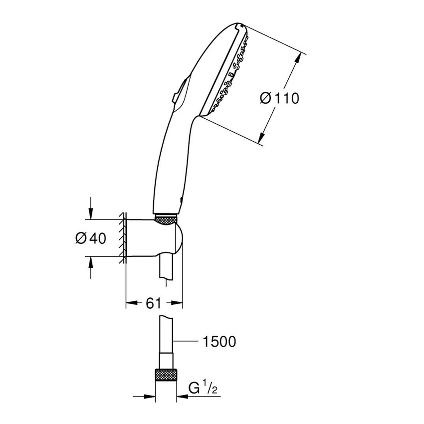 Immagine di Grohe TEMPESTA 110 set manopola doccia a 3 getti, con manopola tempesta 28419003, supporto a parete e flessibile 150 cm, con sistema antiscottatura, finitura cromo 26920003