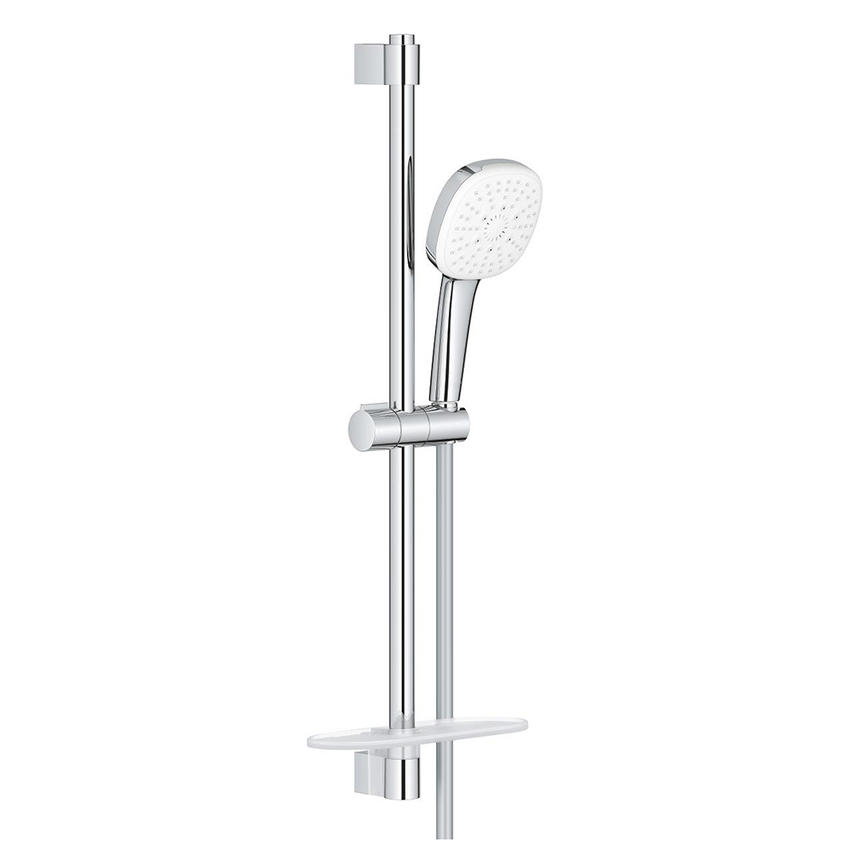 Immagine di Grohe TEMPESTA CUBE 110 set doccia con asta doccia H.60 cm, monopola Tempesta 110 27574003 3 getti, flessibile 175 cm e mensola, con risparmio idrico, finitura cromo 27576003