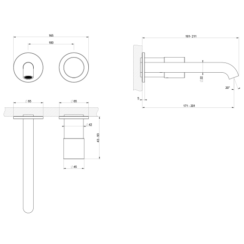 Immagine di Gessi HABITO miscelatore per lavabo, a parete, senza corpo incasso, finitura black metal brushed PVD 70088#707