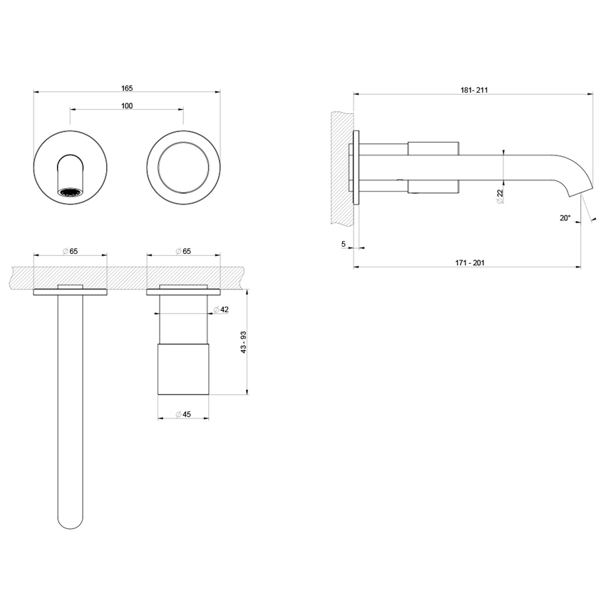 Immagine di Gessi HABITO miscelatore per lavabo, a parete, senza corpo incasso, finitura black metal brushed PVD 70088#707