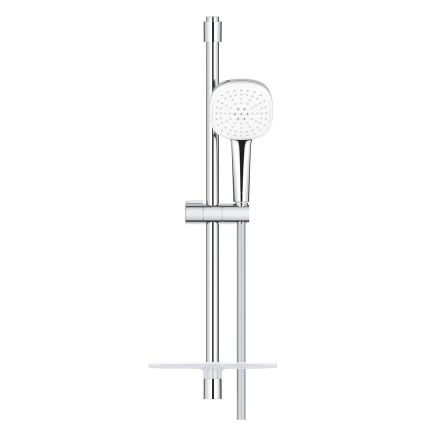 Immagine di Grohe TEMPESTA CUBE 110 set doccia con asta doccia H.60 cm, monopola Tempesta 110 26746003 2 getti, flessibile 175 cm e mensola, con risparmio idrico, finitura cromo 26907003