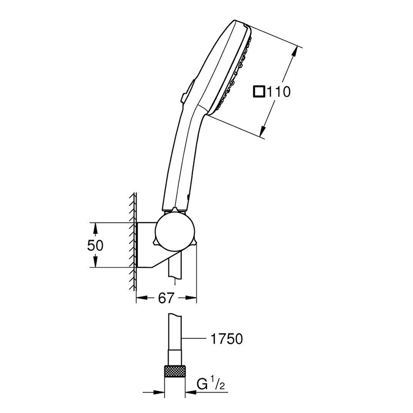 Immagine di Grohe TEMPESTA CUBE 110 set manopola doccia a 3 getti, con manopola Tempesta 27574003, supporto a parete regolabile e flessibile 175 cm, con risparmio idrico, finitura cromo 27584003