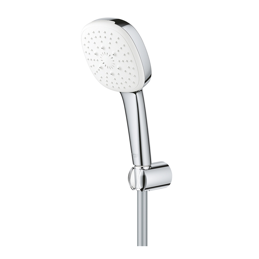 Immagine di Grohe TEMPESTA CUBE 110 set manopola doccia a 3 getti, con manopola Tempesta 27574003, supporto a parete e flessibile 175 cm, con risparmio idrico, finitura cromo 27588003