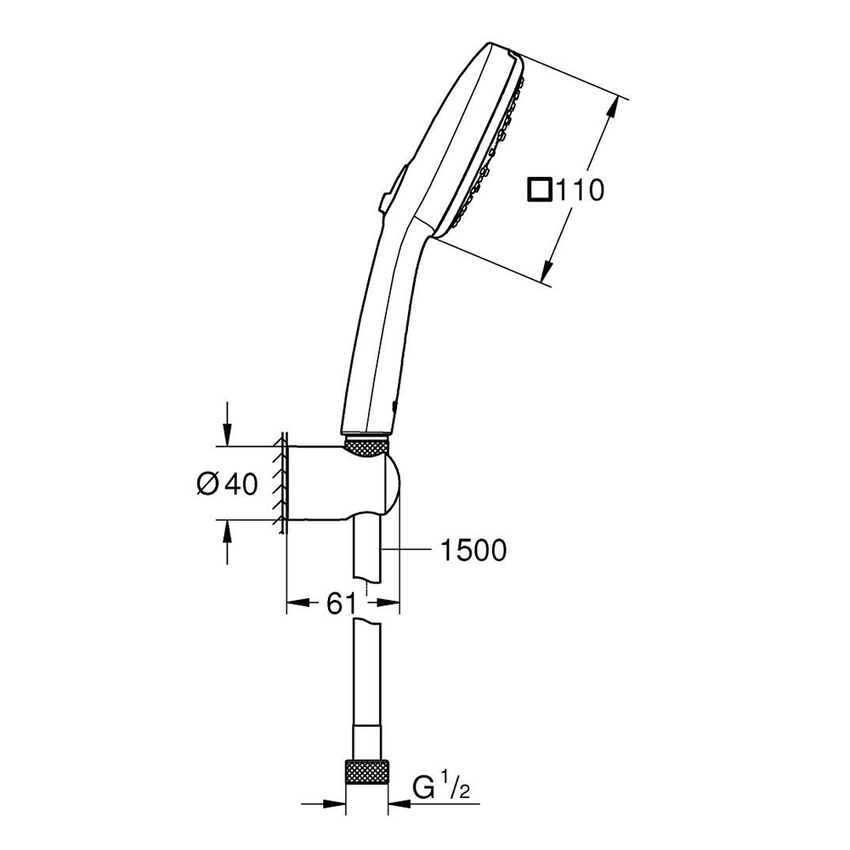 Immagine di Grohe TEMPESTA CUBE 110 set manopola doccia a 3 getti, con manopola Tempesta 27574003, supporto a parete e flessibile 175 cm, con risparmio idrico, finitura cromo 27588003