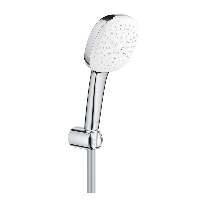 Immagine di Grohe TEMPESTA CUBE 110 set manopola doccia a 3 getti, con manopola Tempesta 27574003, supporto a parete e flessibile 175 cm, con risparmio idrico, finitura cromo 27588003