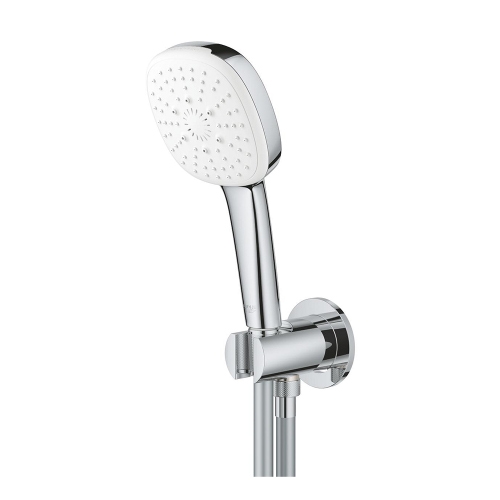 Immagine di Grohe TEMPESTA CUBE 110 set manopola doccia a 3 getti, con manopola Tempesta 27574003, raccordo erogatore con supporto, valvola di ritegno e flessibile 150 cm, finitura cromo 26910003