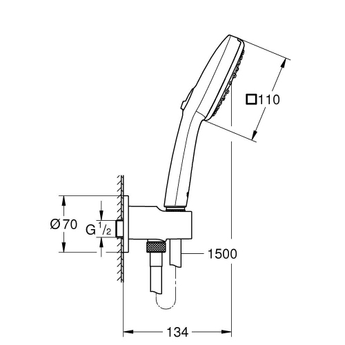 Immagine di Grohe TEMPESTA CUBE 110 set manopola doccia a 3 getti, con manopola Tempesta 27574003, raccordo erogatore con supporto, valvola di ritegno e flessibile 150 cm, finitura cromo 26910003