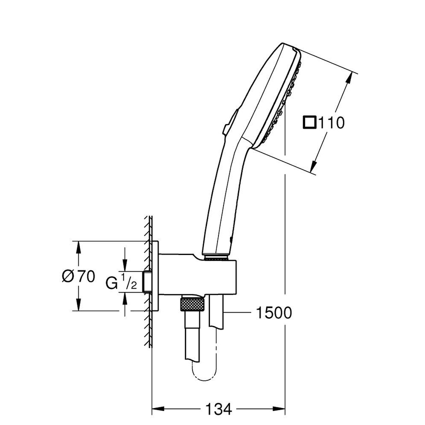 Immagine di Grohe TEMPESTA CUBE 110 set manopola doccia a 3 getti, con manopola Tempesta 27574003, raccordo erogatore con supporto, valvola di ritegno e flessibile 150 cm, finitura cromo 26910003
