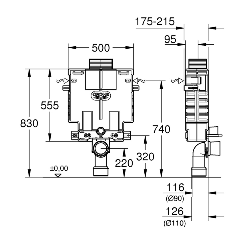 Immagine di Grohe UNISET modulo per vaso sospeso, altezza di installazione 0.82 metri per sottofinestra, cassetta di sciacquo 6-9 litri 38415001