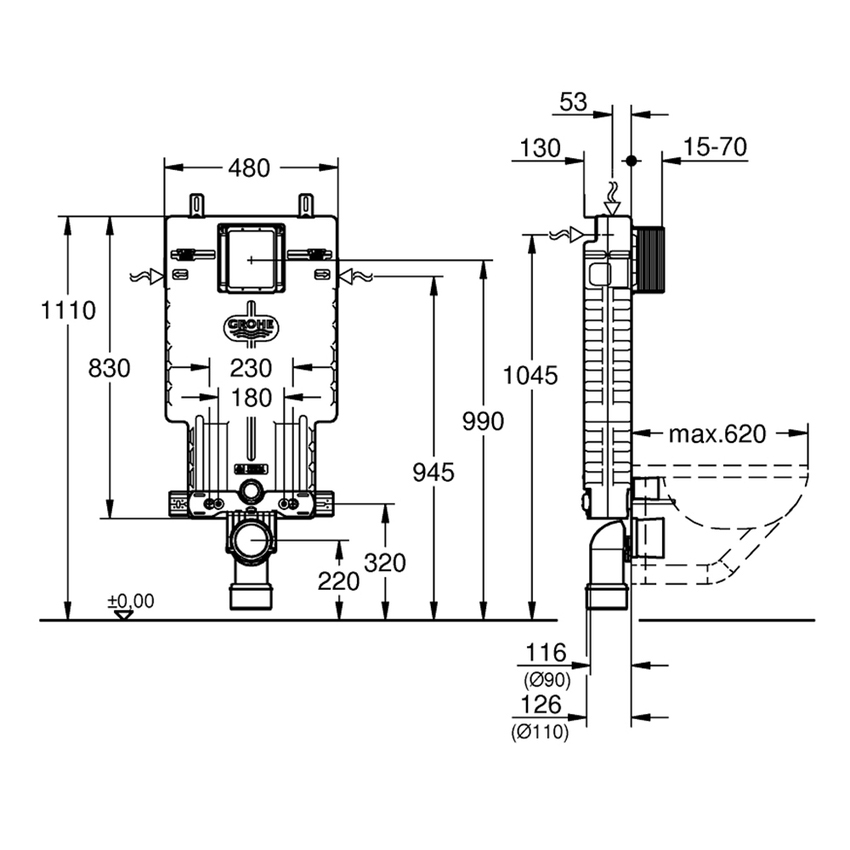 Immagine di Grohe UNISET modulo per vaso sospeso, con custodia in EPS, per montaggio singolo o su binario, cassetta di sciacquo 6-9 litri 38643001