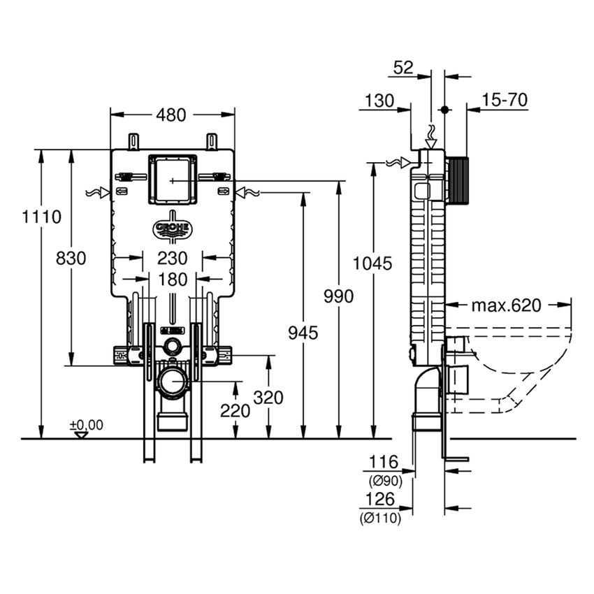 Immagine di Grohe UNISET modulo per vaso sospeso, custodia in EPS, montaggio singolo, cassetta di sciacquo 6-9 litri 38642001