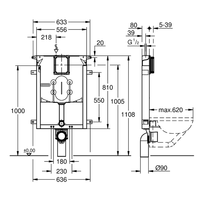 Immagine di Grohe UNISET modulo per vaso sospeso, con cassetta profonda 8 cm, flusso regolabile 38729000