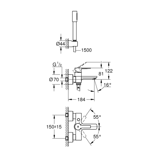 Immagine di Grohe LINEARE miscelatore monocomando per vasca/ o doccia, con deviatore automatico, manopola doccia, supporto doccia a parete e flessibile 150 cm, finitura cromo 33850001
