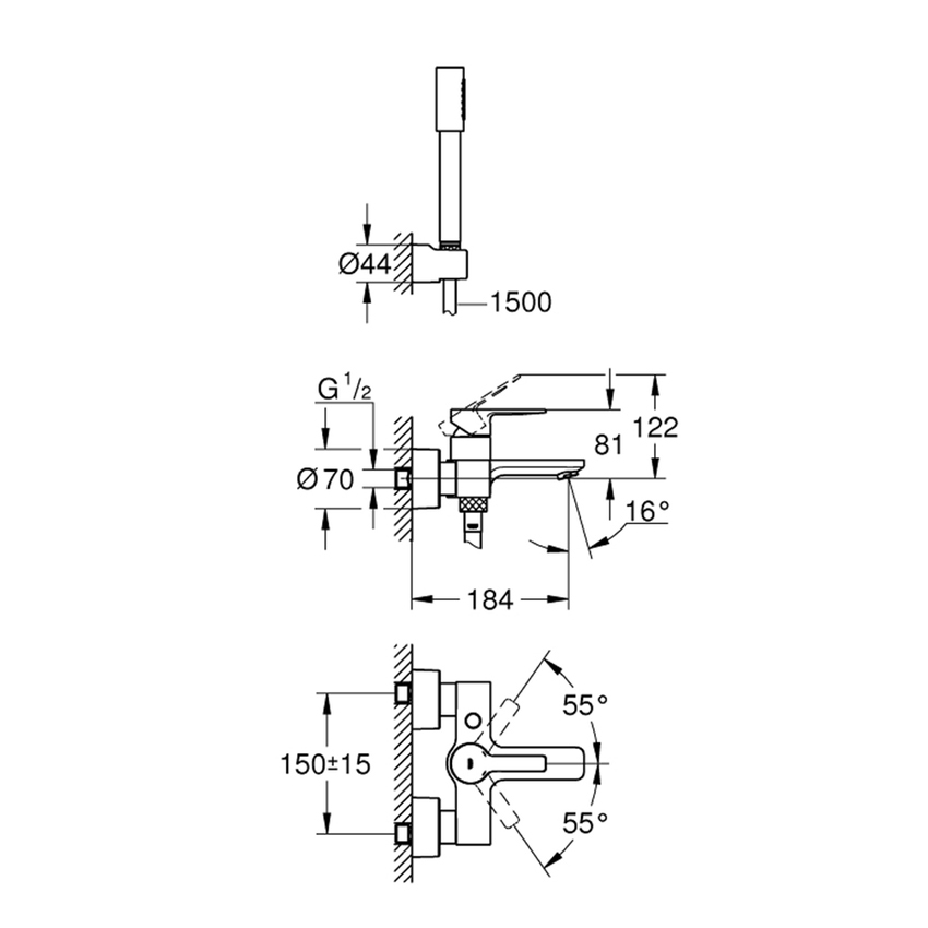 Immagine di Grohe LINEARE miscelatore monocomando per vasca/ o doccia, con deviatore automatico, manopola doccia, supporto doccia a parete e flessibile 150 cm, finitura cromo 33850001
