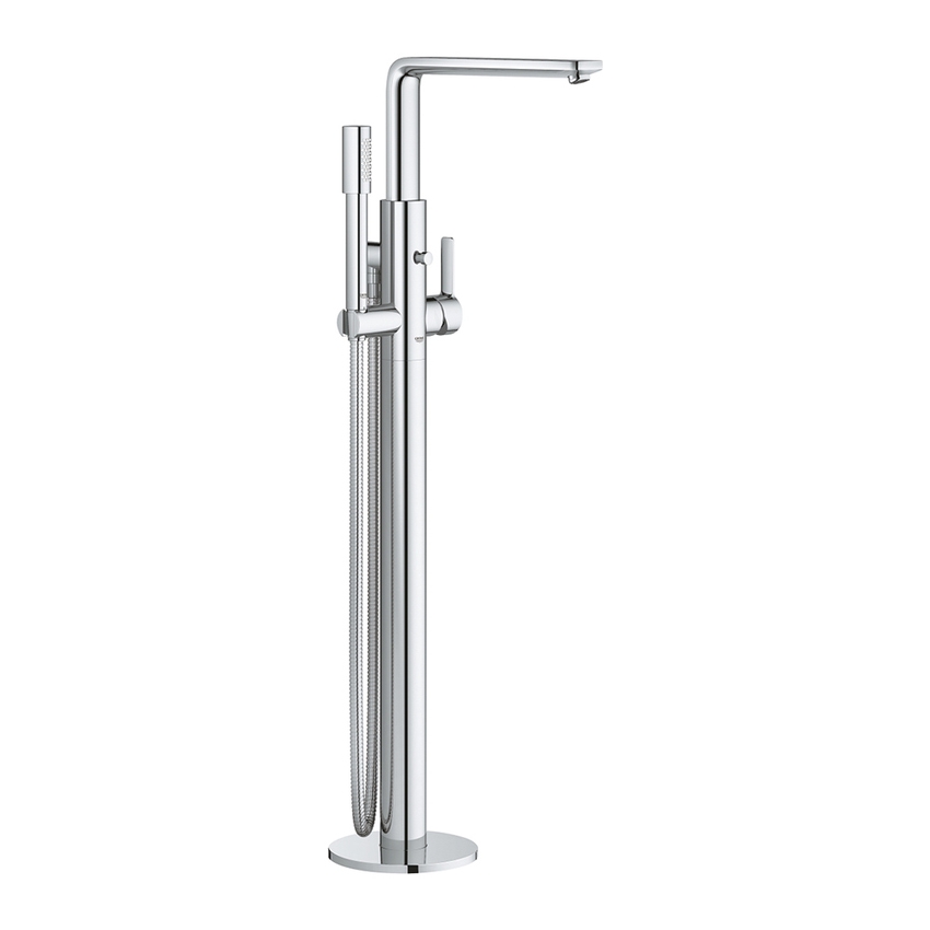 Immagine di Grohe LINEARE miscelatore monocomando per vasca o doccia, a pavimento, con deviatore automatico, supporto a parete, manopola doccia e flessibile 125 cm, senza corpo incasso, finitura cromo 23792001