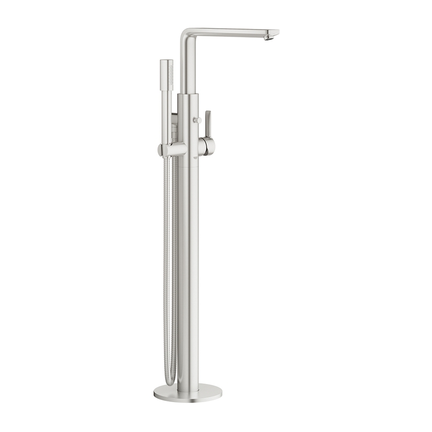 Immagine di Grohe LINEARE miscelatore monocomando per vasca o doccia, a pavimento, con deviatore automatico, supporto a parete, manopola doccia e flessibile 125 cm, senza corpo incasso, finitura satinato super steel 23792DC1